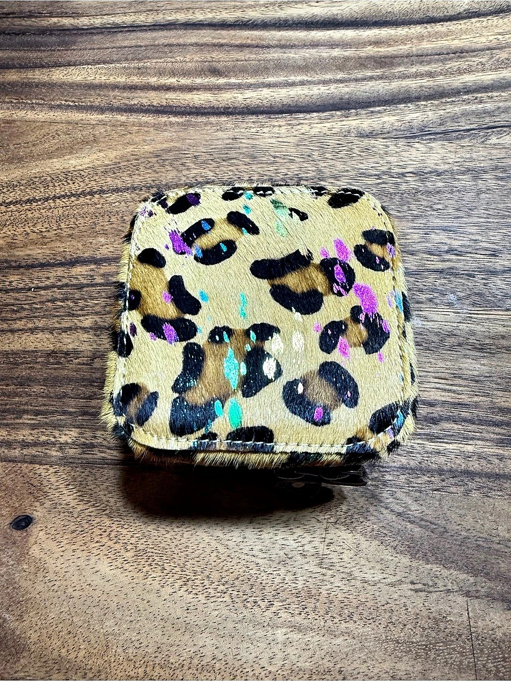 Boho Ranch Handmade Rainbow Acid Wash Leopard Cowhide Jewelry Case Rainbow Acid